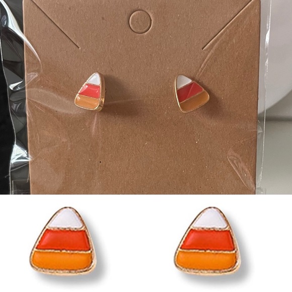 3/$15 Halloween Candy Corn Earrings Gold Metal and Orange Yellow White Enamel - Picture 1 of 5